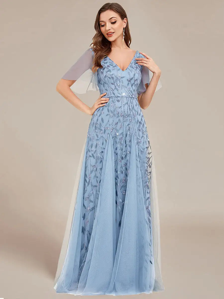 Skye | Deep V-Neck Sequin Evening Dress