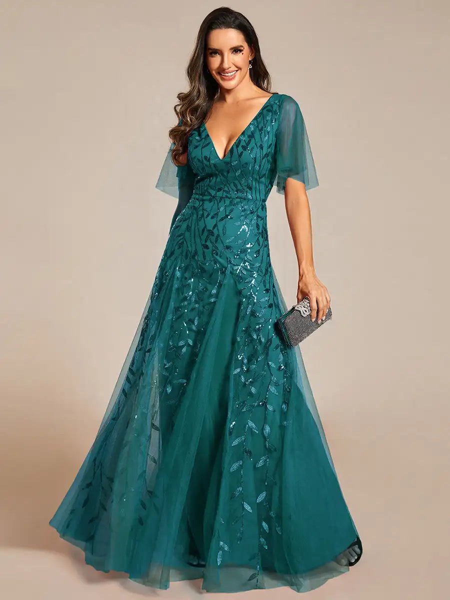 Tessa | Sequin Evening Dress with Ruffle Sleeves