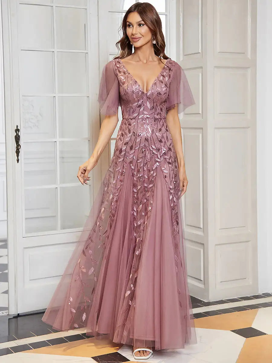 Skye | Deep V-Neck Sequin Evening Dress