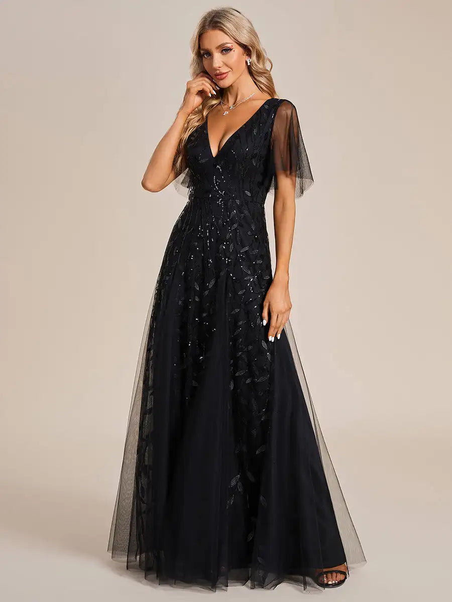 Skye | Deep V-Neck Sequin Evening Dress