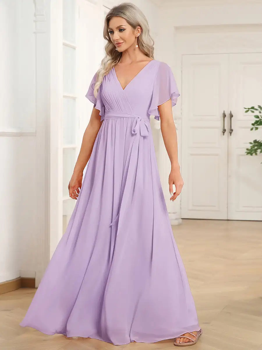Celeste | Chiffon Evening Dress with Flutter Sleeves