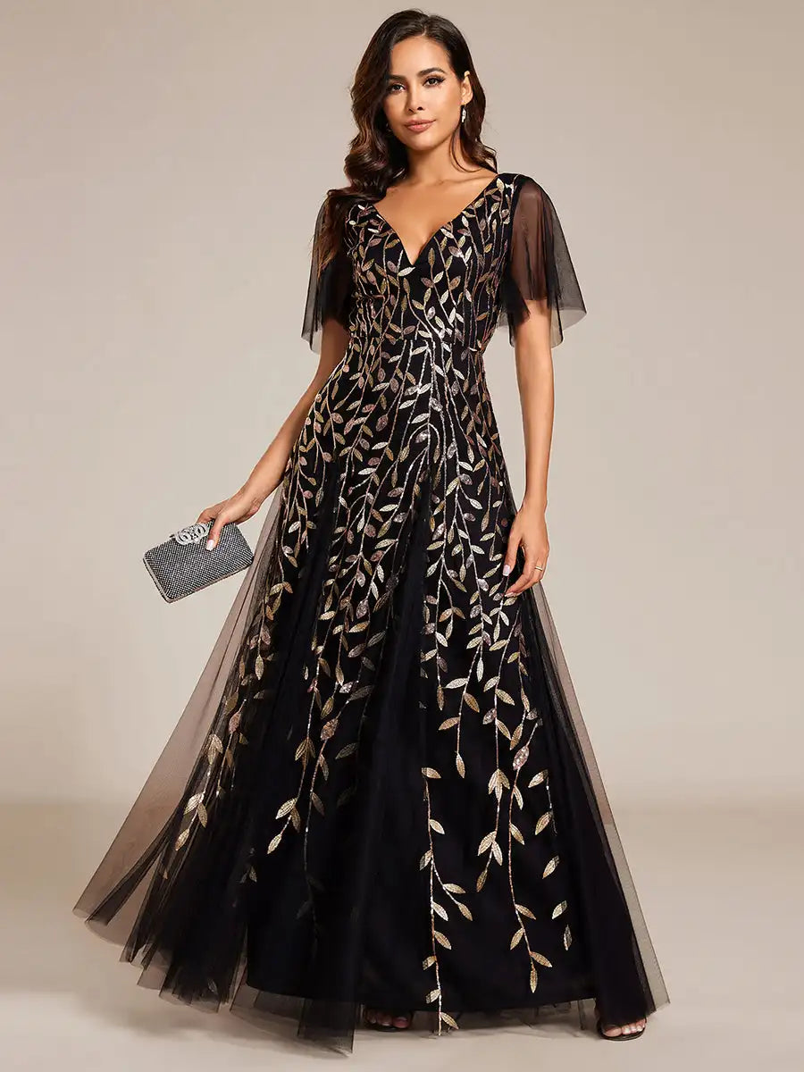 Tessa | Sequin Evening Dress with Ruffle Sleeves