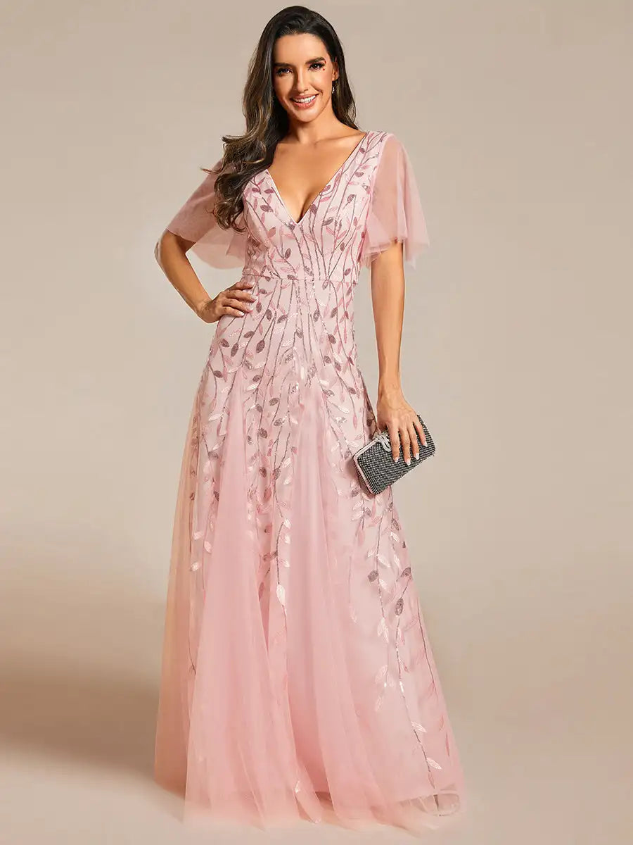 Skye | Deep V-Neck Sequin Evening Dress