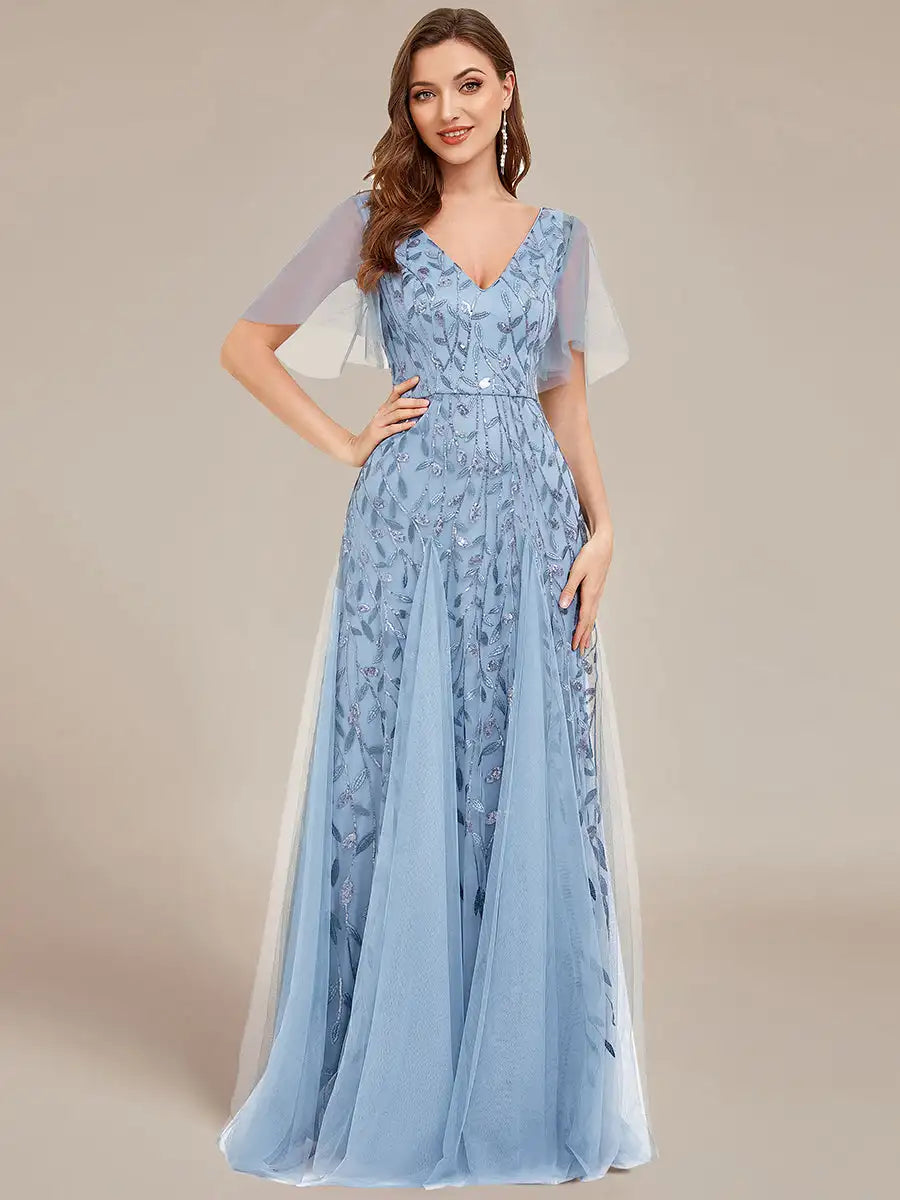 Skye | Deep V-Neck Sequin Evening Dress