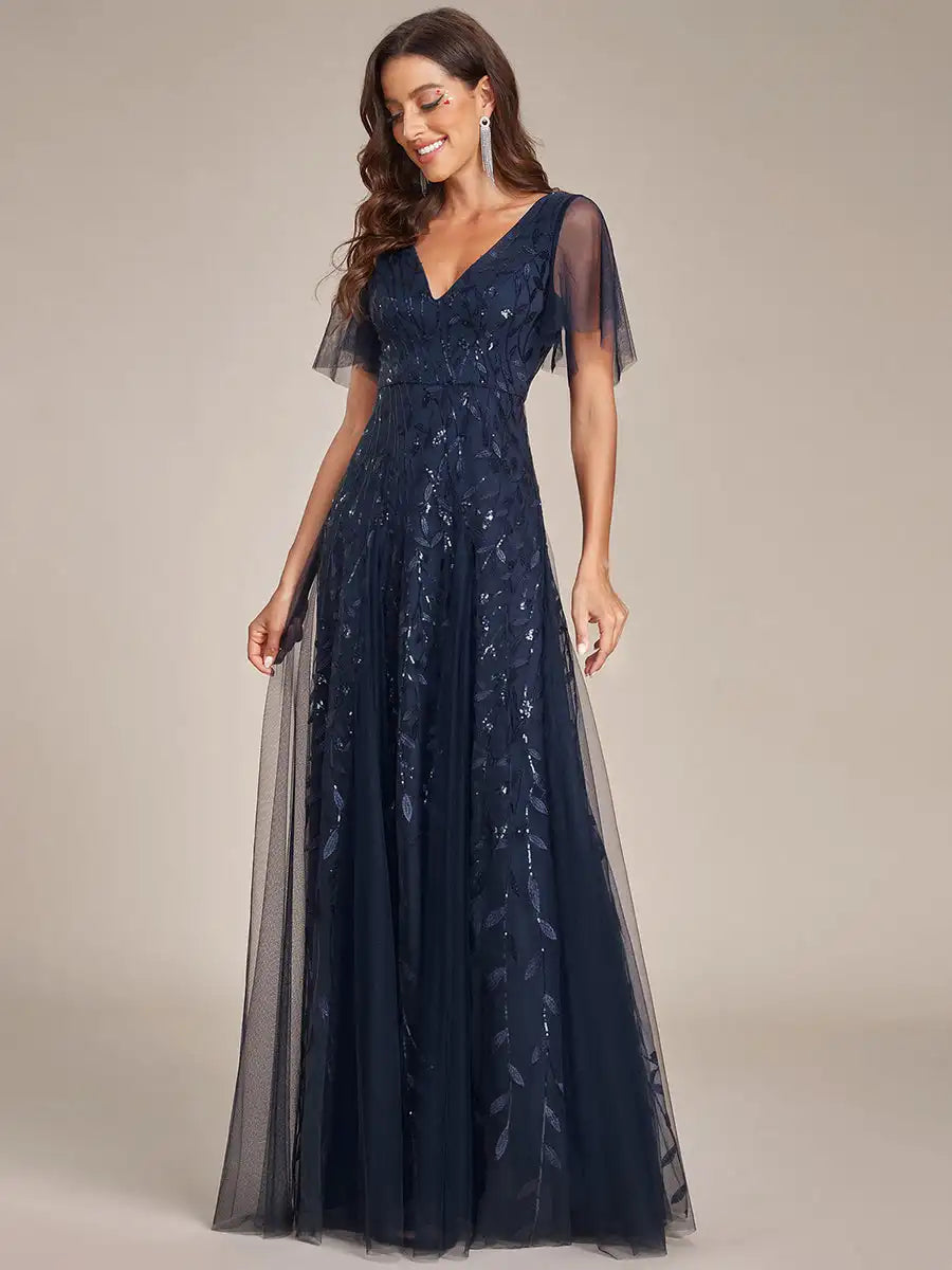 Skye | Deep V-Neck Sequin Evening Dress