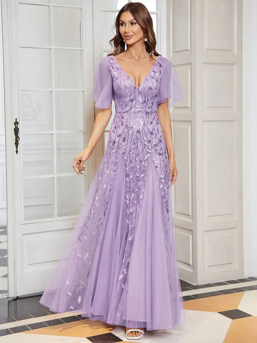 Skye | Deep V-Neck Sequin Evening Dress