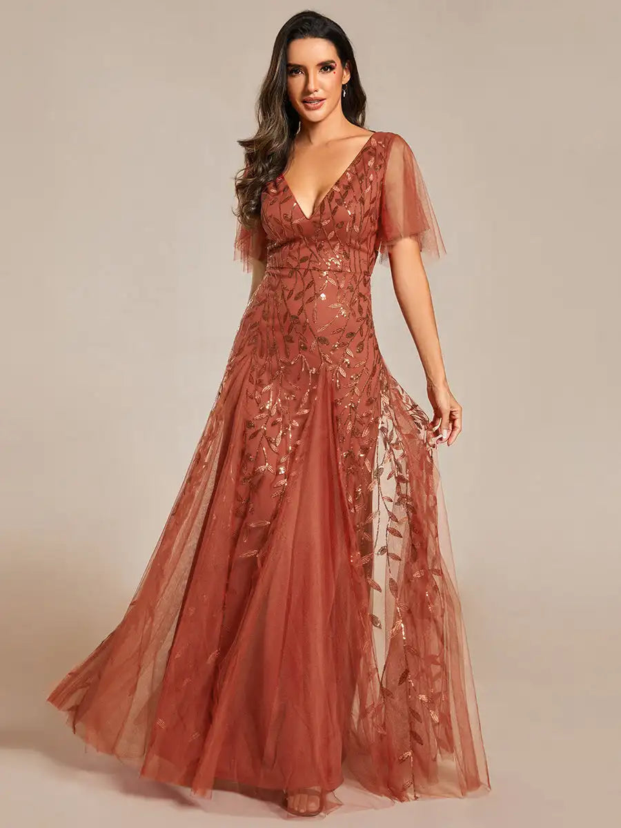 Skye | Deep V-Neck Sequin Evening Dress