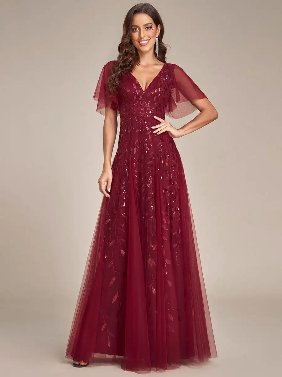 Skye | Deep V-Neck Sequin Evening Dress