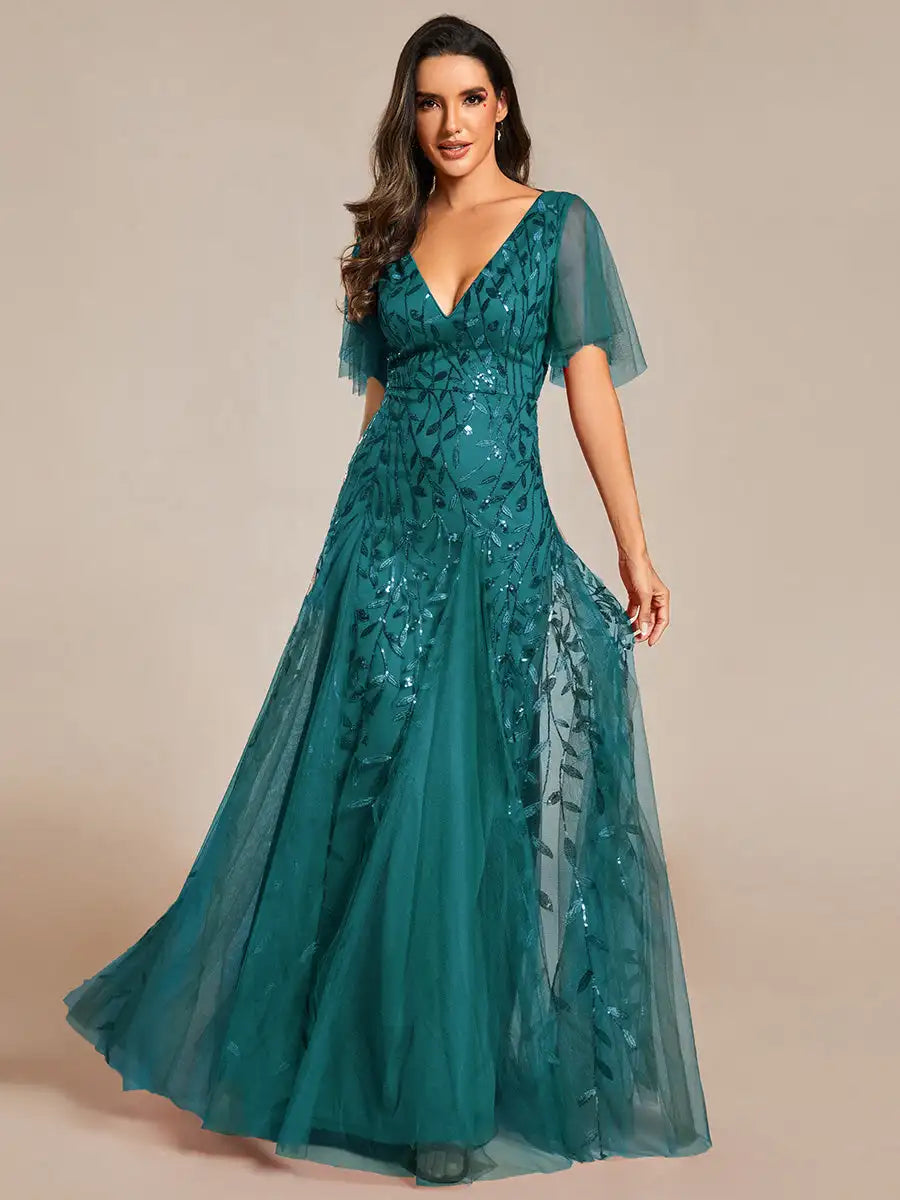 Tessa | Sequin Evening Dress with Ruffle Sleeves