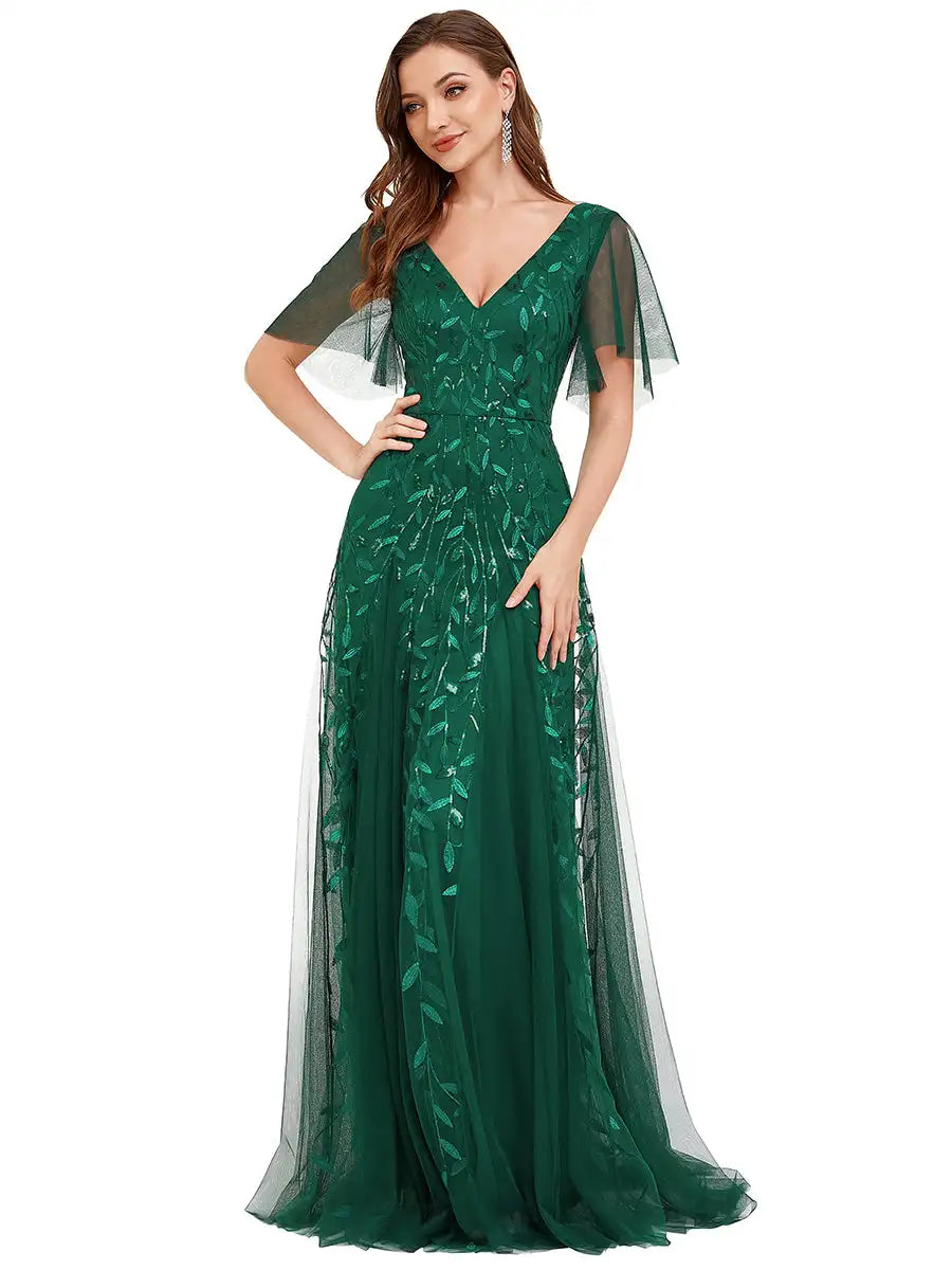 Skye | Deep V-Neck Sequin Evening Dress