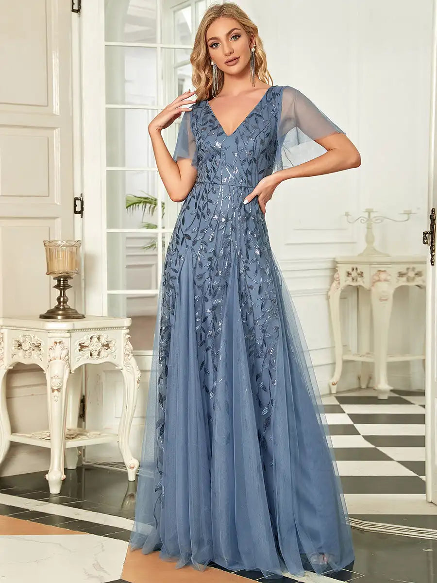 Skye | Deep V-Neck Sequin Evening Dress