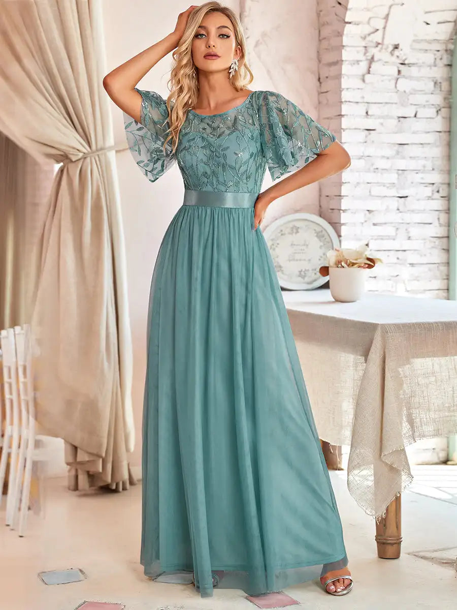 Elodie | Sequin Short Sleeve Evening Dress