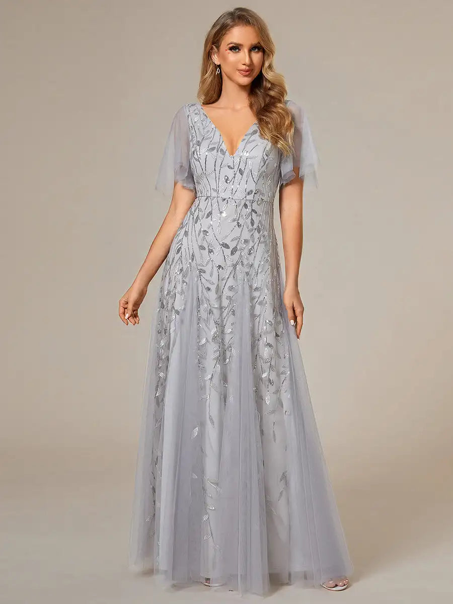 Skye | Deep V-Neck Sequin Evening Dress