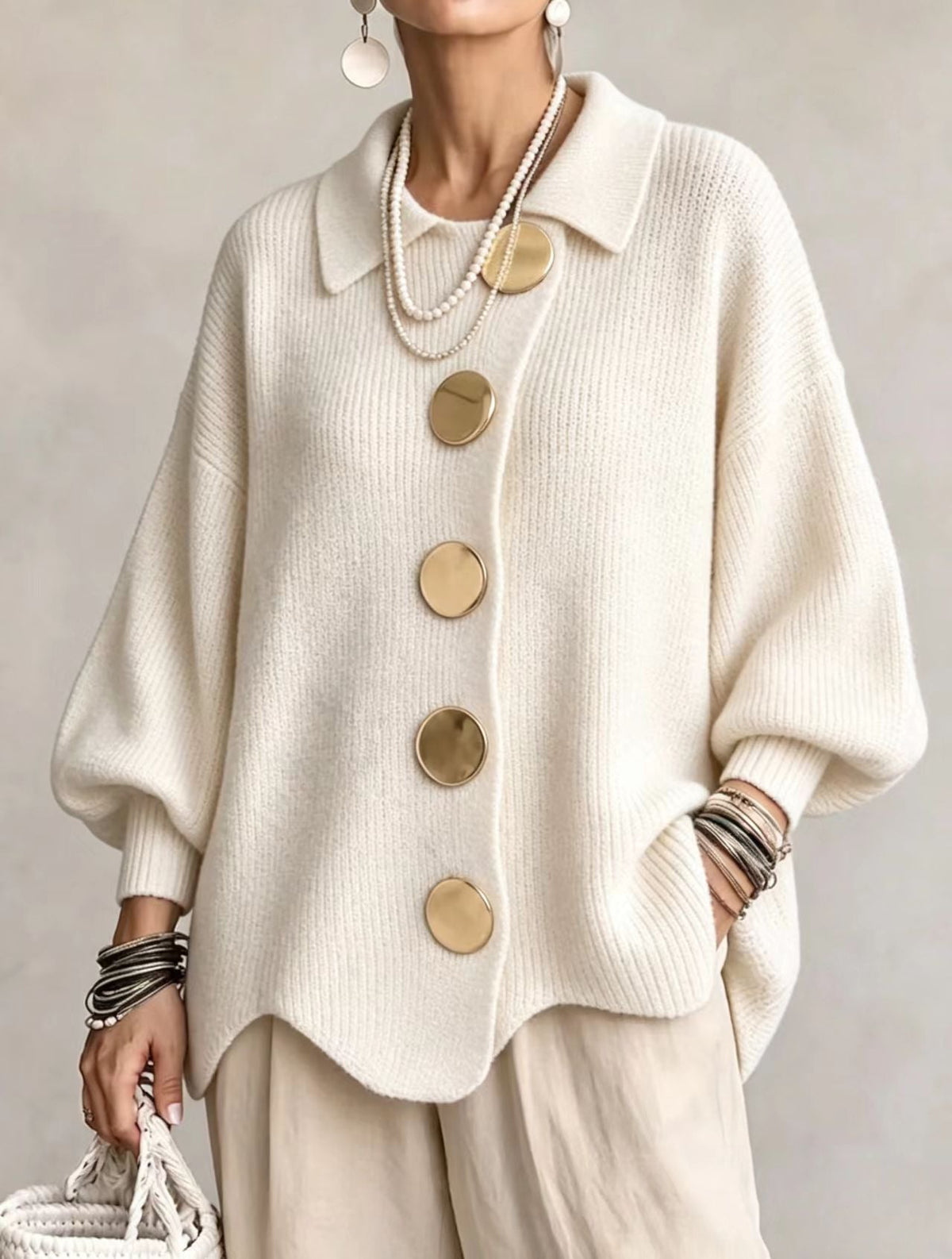 Isadora™ | Giacca in Maglia Ampia con Colletto e Grandi Bottoni in Metallo