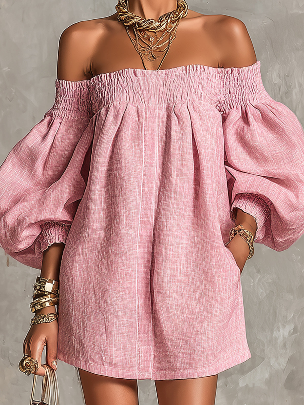 Coralie | Abito Mini Linea ad A Rosa con Spalle Scoperte e Maniche a Lanterna