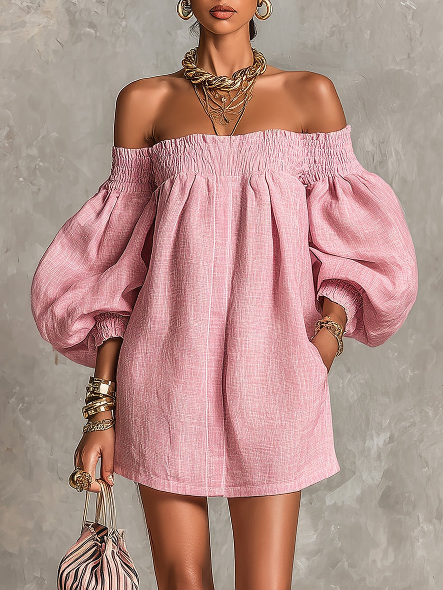 Coralie | Abito Mini Linea ad A Rosa con Spalle Scoperte e Maniche a Lanterna