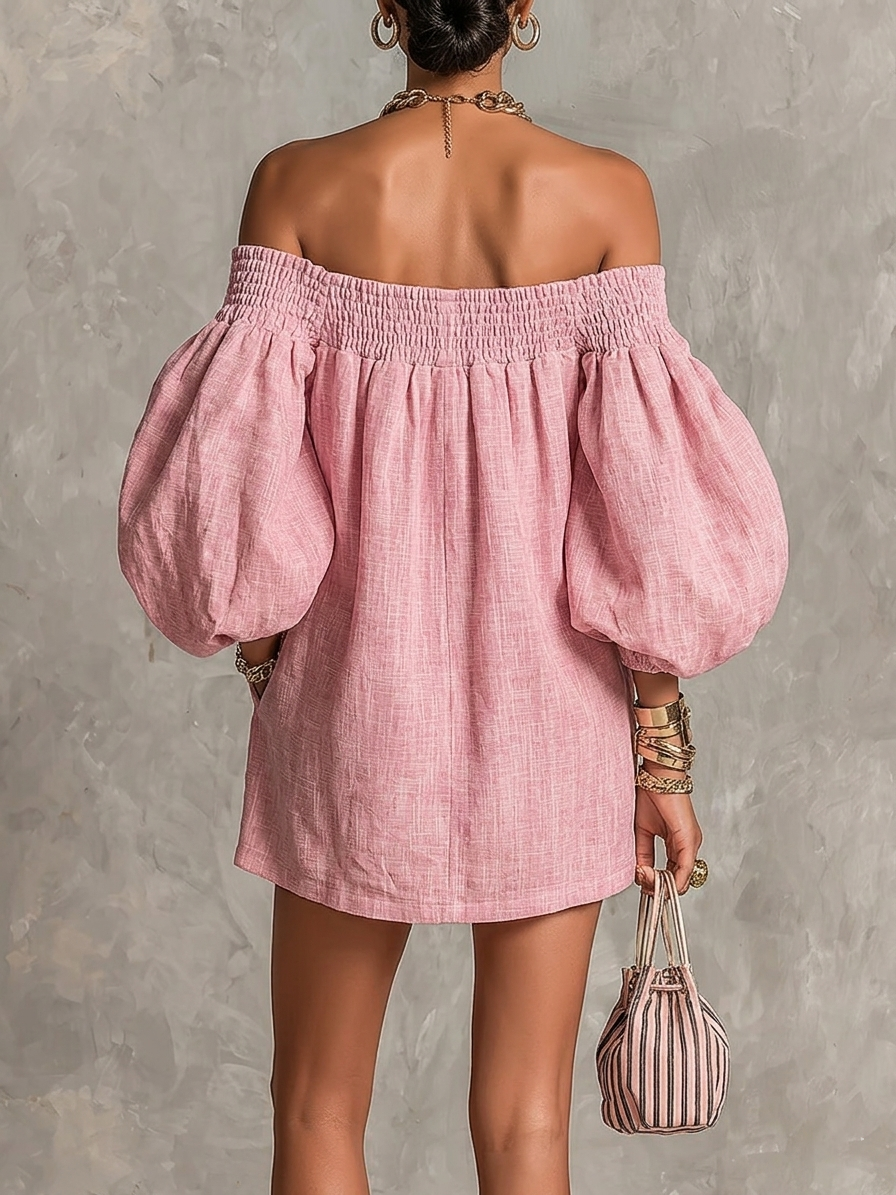 Coralie | Abito Mini Linea ad A Rosa con Spalle Scoperte e Maniche a Lanterna