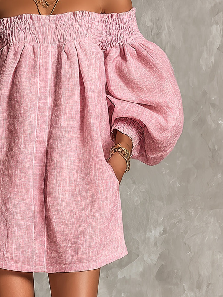 Coralie | Abito Mini Linea ad A Rosa con Spalle Scoperte e Maniche a Lanterna