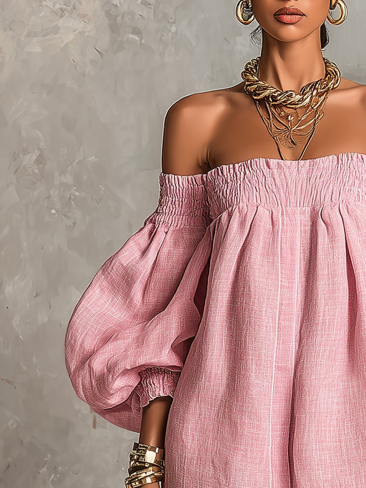 Coralie | Abito Mini Linea ad A Rosa con Spalle Scoperte e Maniche a Lanterna
