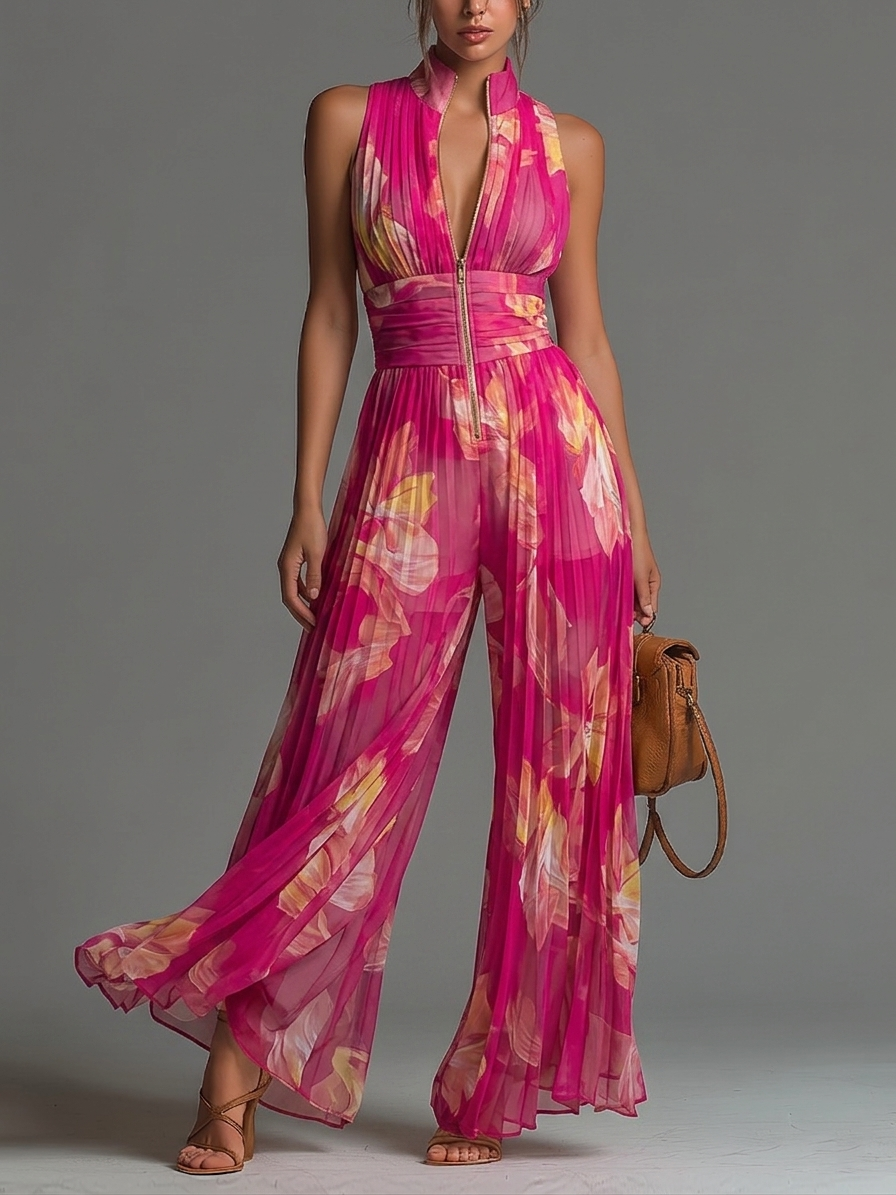 Tuta Sofia | Chiffon plissé floreale fucsia