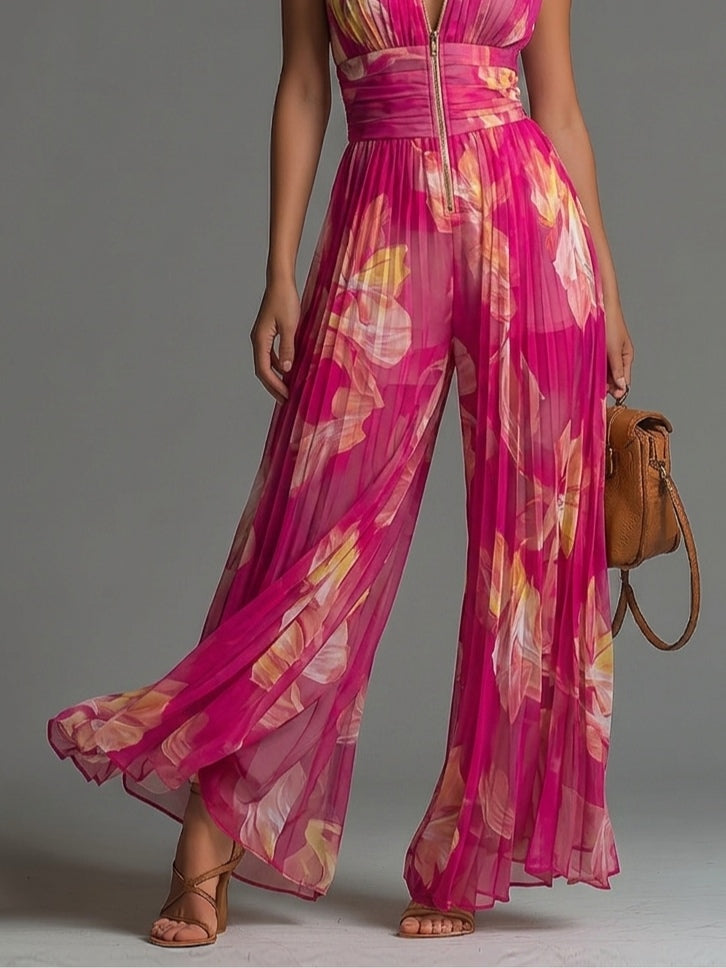 Tuta Sofia | Chiffon plissé floreale fucsia