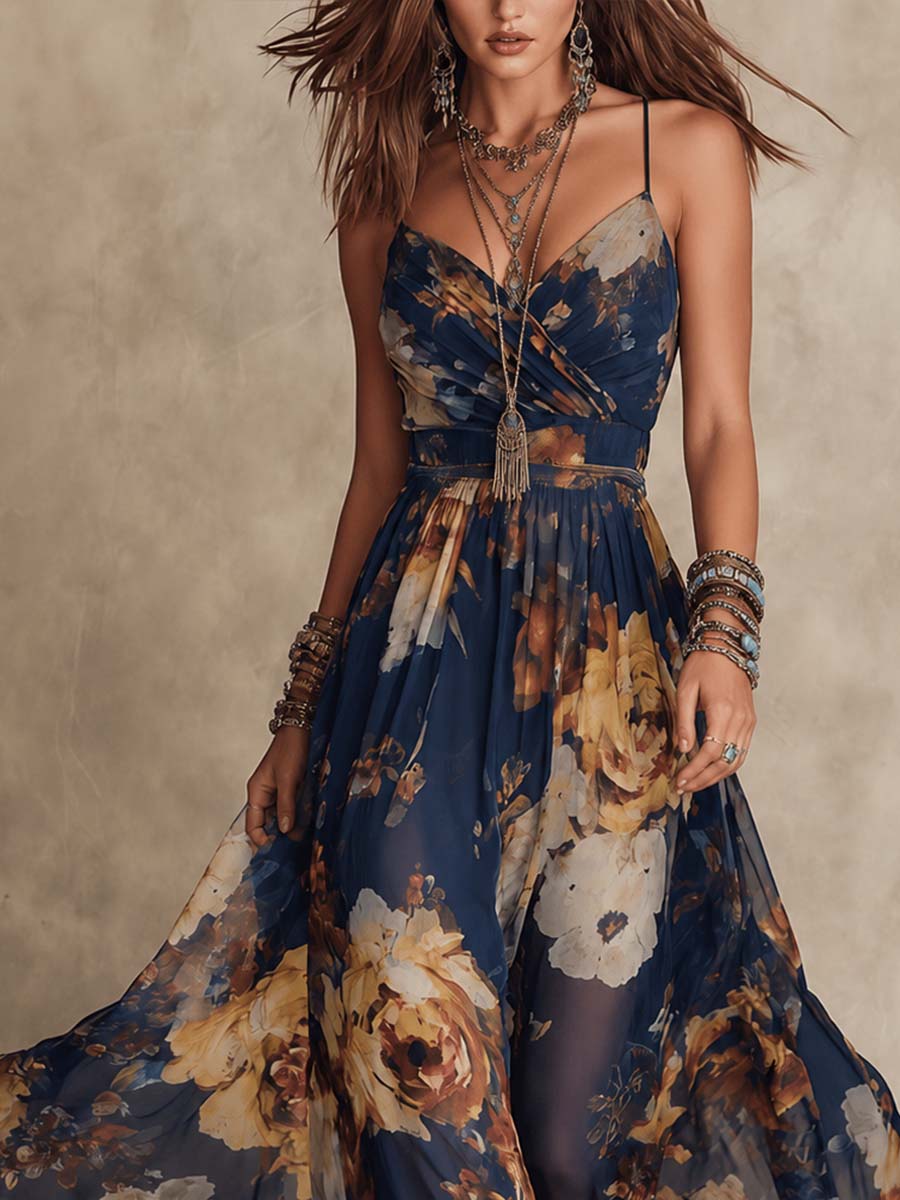 Navy Blue Chiffon Floral Print Maxi Dress