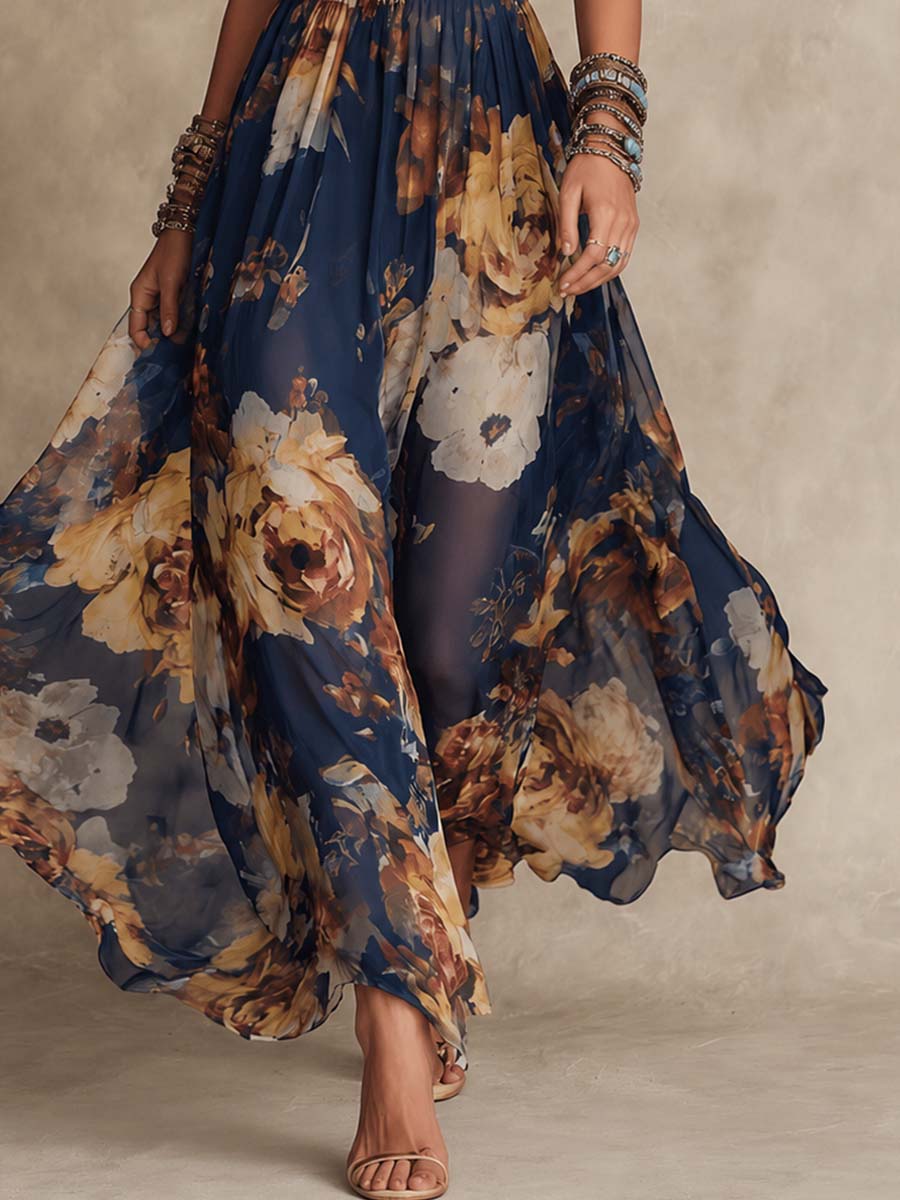Navy Blue Chiffon Floral Print Maxi Dress