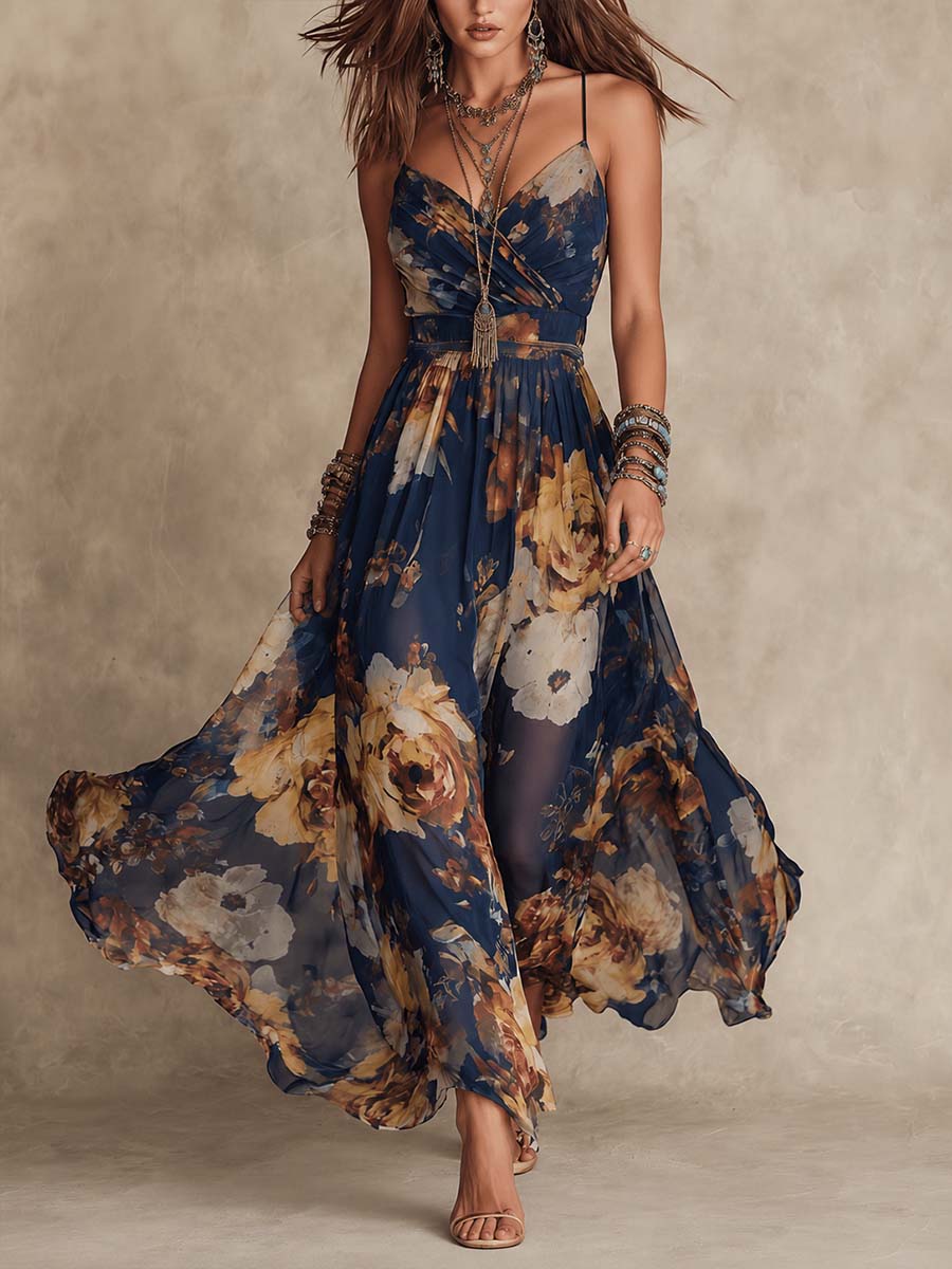 Abito lungo in chiffon blu navy con stampa floreale