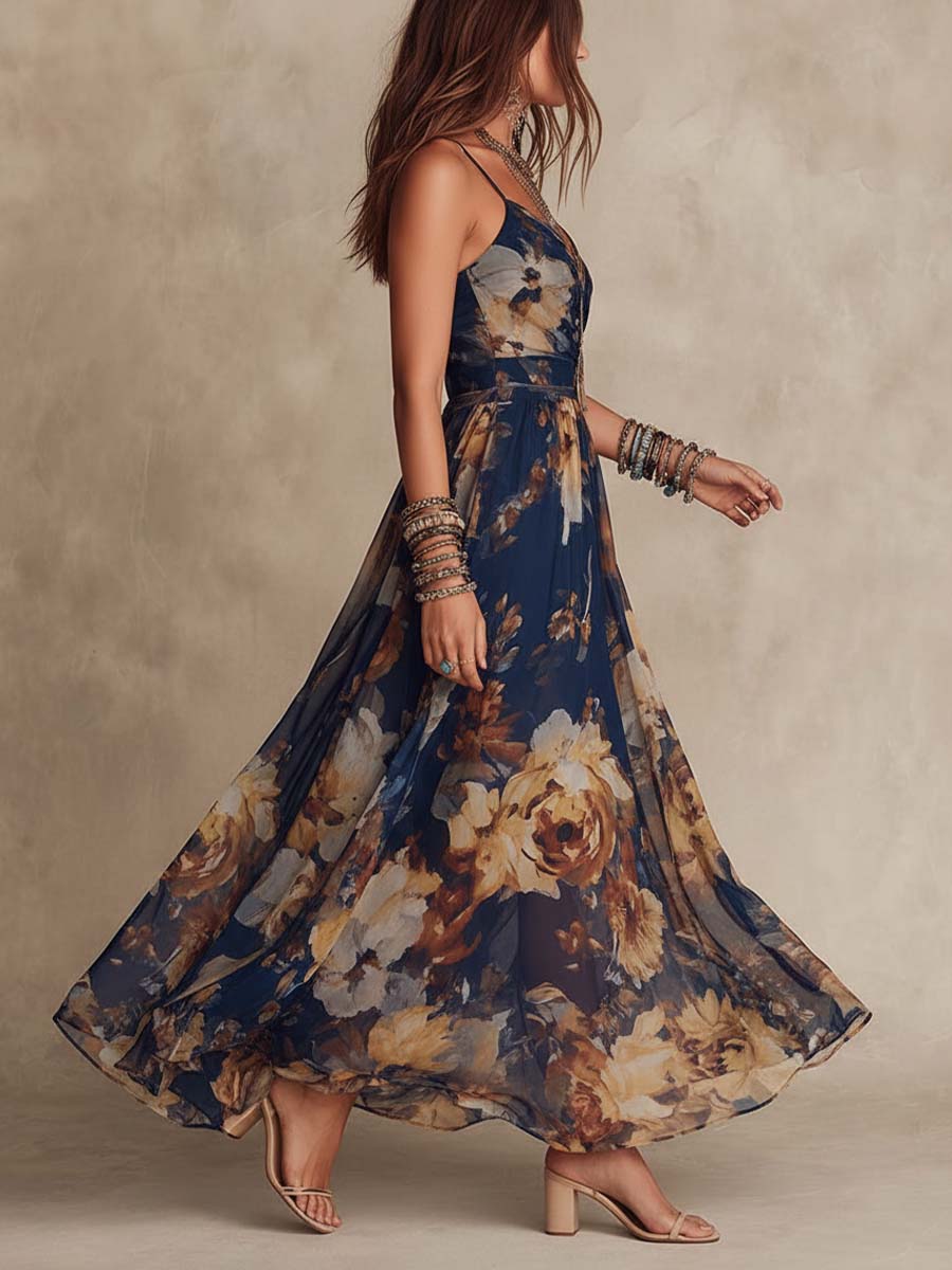 Abito lungo in chiffon blu navy con stampa floreale