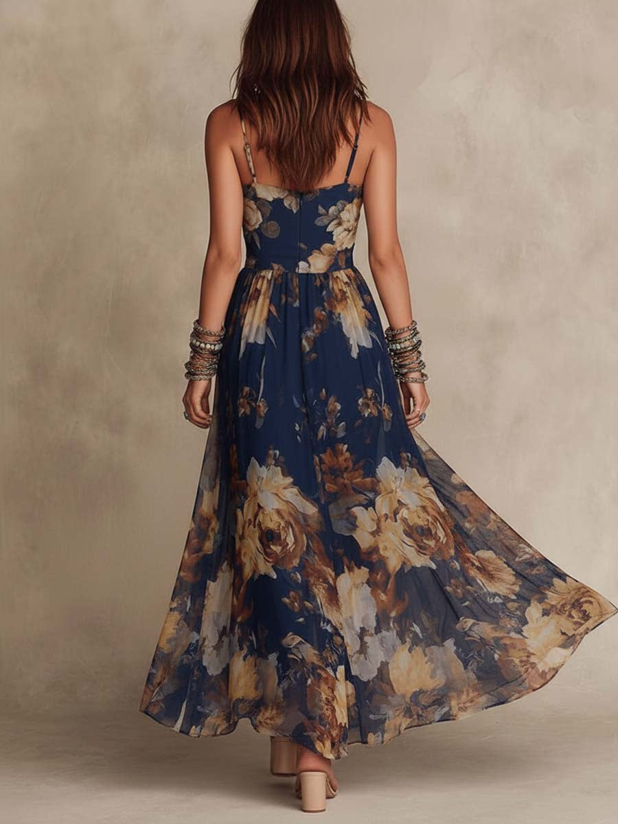 Navy Blue Chiffon Floral Print Maxi Dress