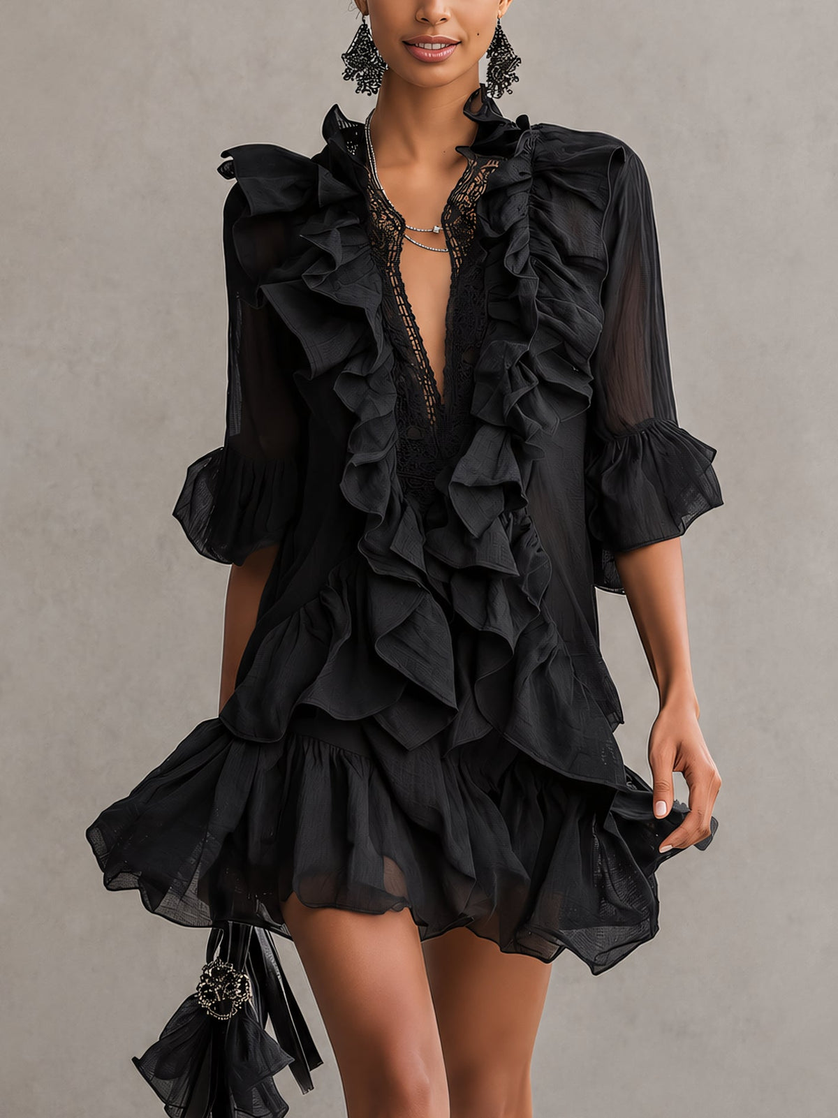 Seraphine | Mini abito in chiffon a balze e pizzo