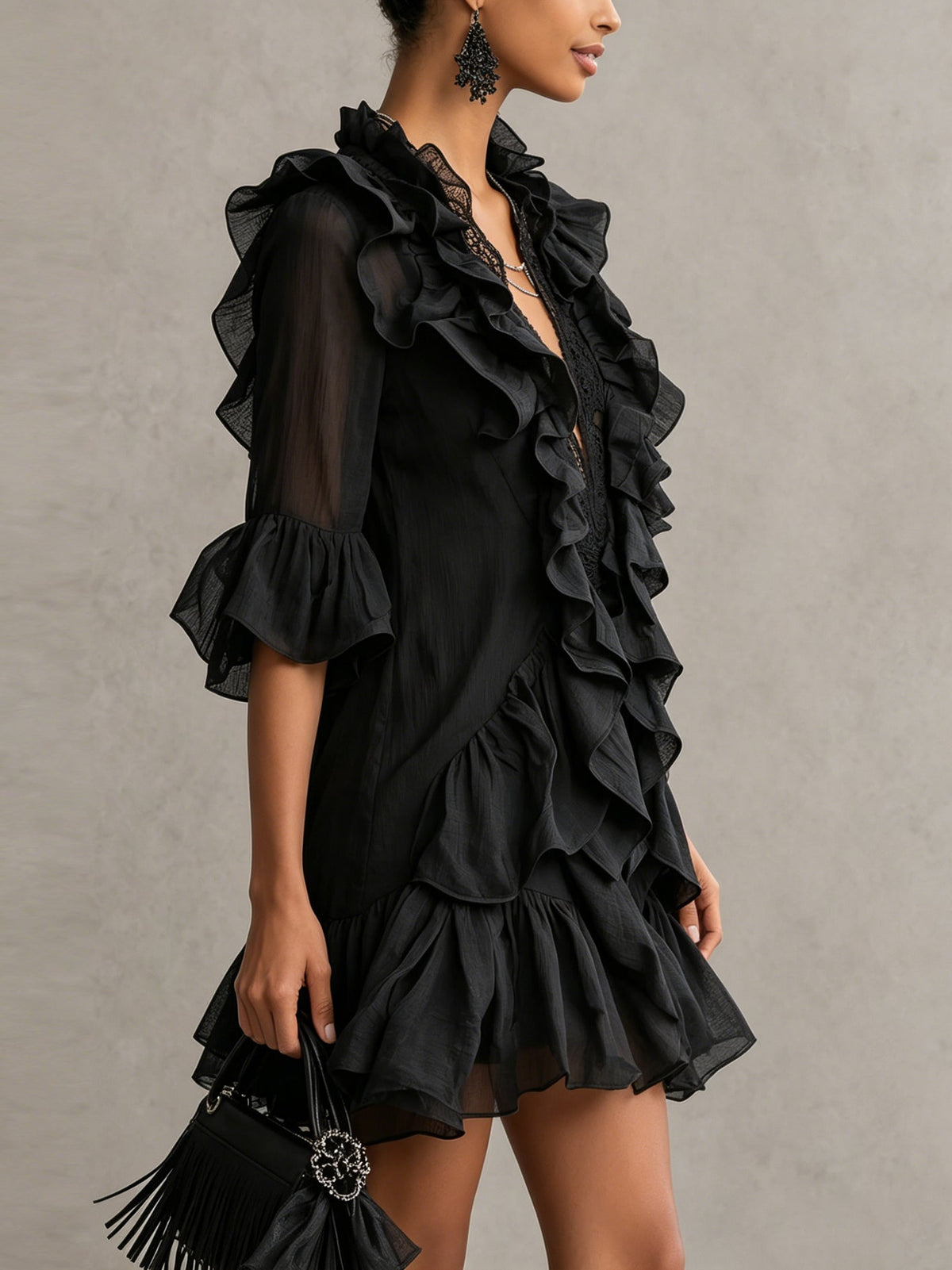 Seraphine | Mini abito in chiffon a balze e pizzo