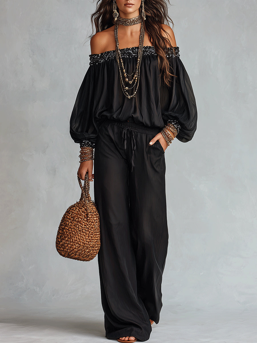 Marisol | Sequined Off-Shoulder Trouser Set
