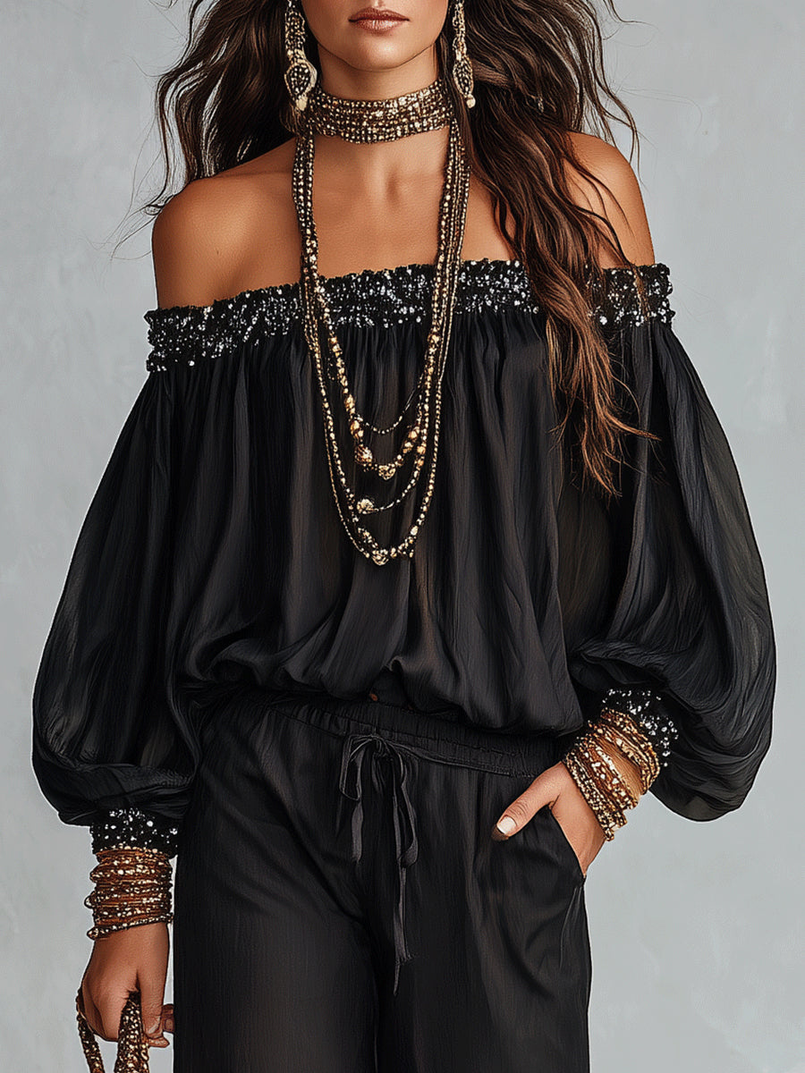 Marisol | Sequined Off-Shoulder Trouser Set