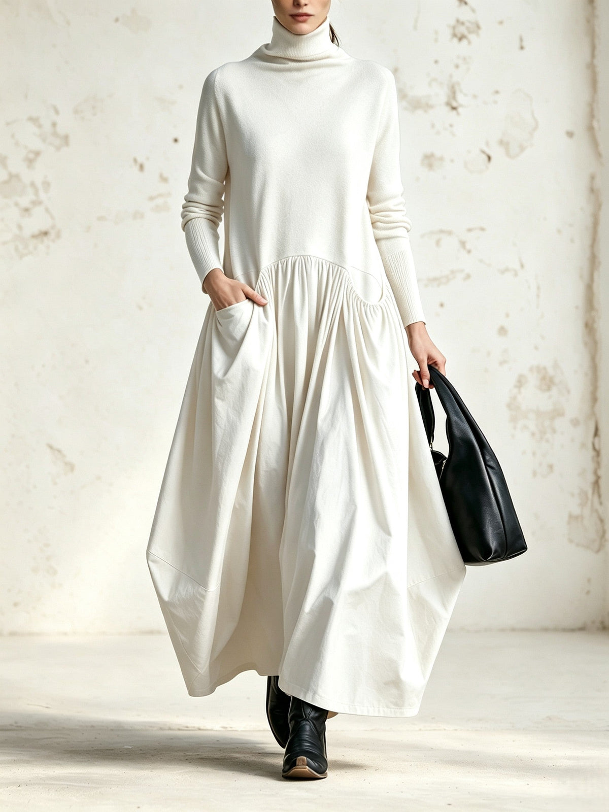 Odette | Abito Maxi Nero Oversize con Collo Alto