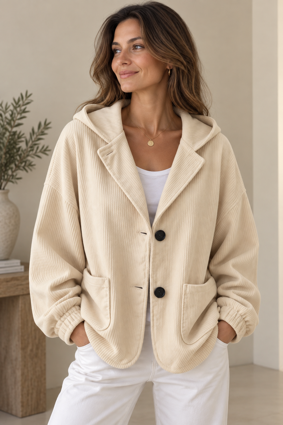 Nalina | Giacca Oversize con Cappuccio in Velluto a Coste - Beige