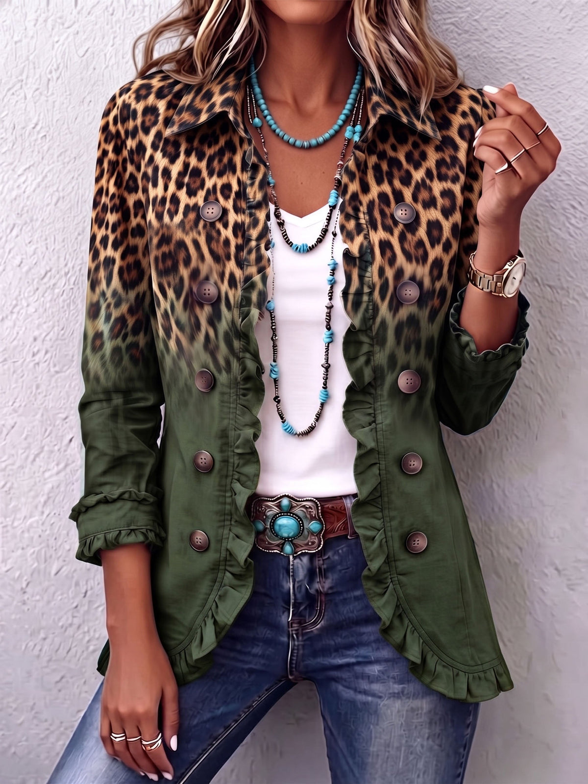 Elspeth | Giacca blazer con volant e fantasia leopardata sfumata