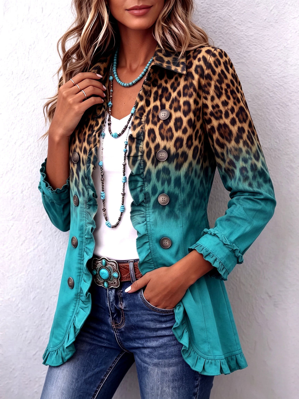 Elspeth | Giacca blazer con volant e fantasia leopardata sfumata