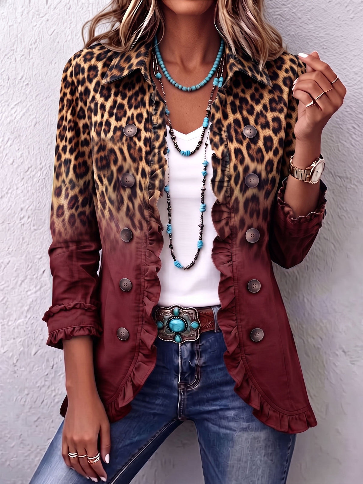 Elspeth | Giacca blazer con volant e fantasia leopardata sfumata