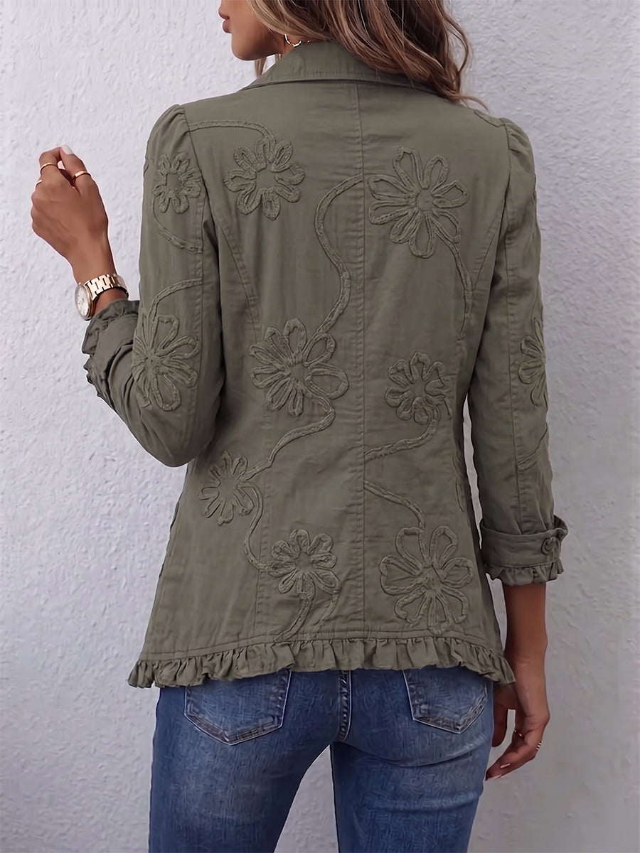 Kamberly | Giacca utility boho-chic con ricami floreali e bordo a volant