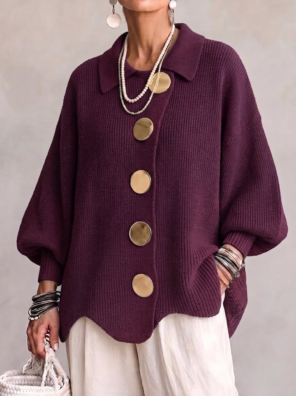 Isadora™ | Giacca in Maglia Ampia con Colletto e Grandi Bottoni in Metallo