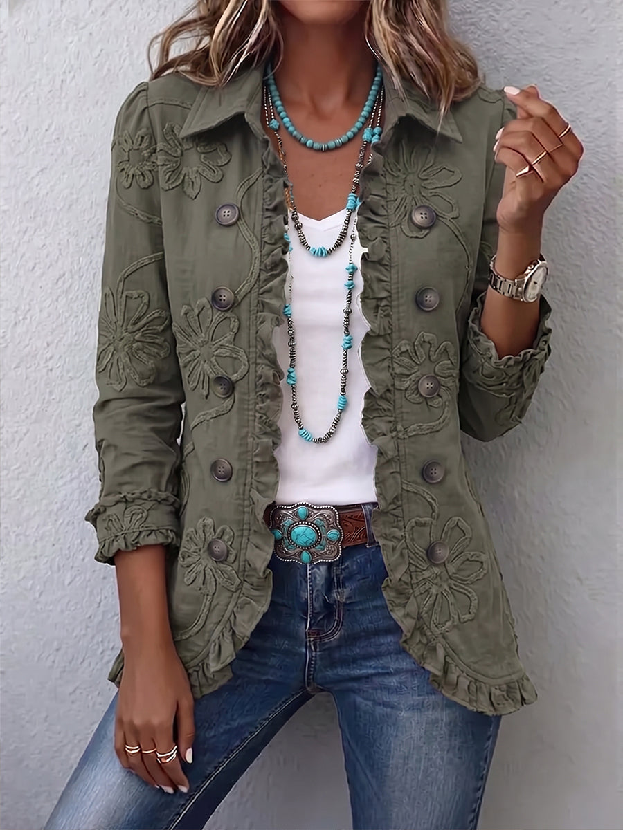 Kamberly | Giacca utility boho-chic con ricami floreali e bordo a volant