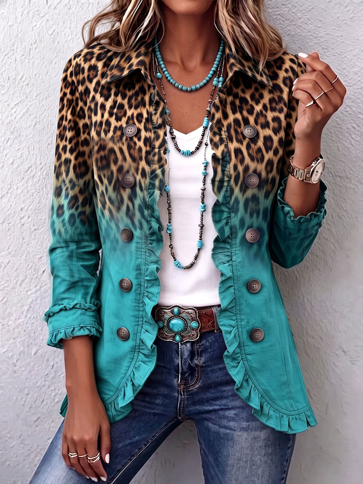 Elspeth | Giacca blazer con volant e fantasia leopardata sfumata