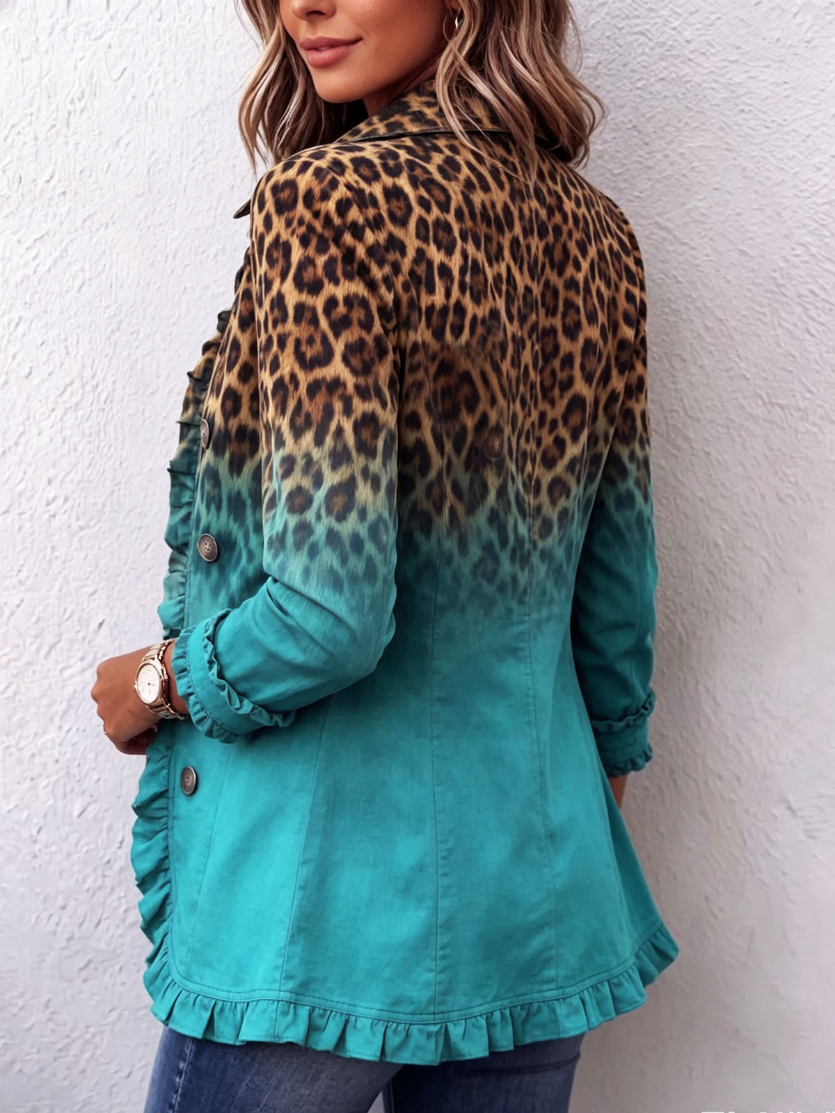 Elspeth | Giacca blazer con volant e fantasia leopardata sfumata