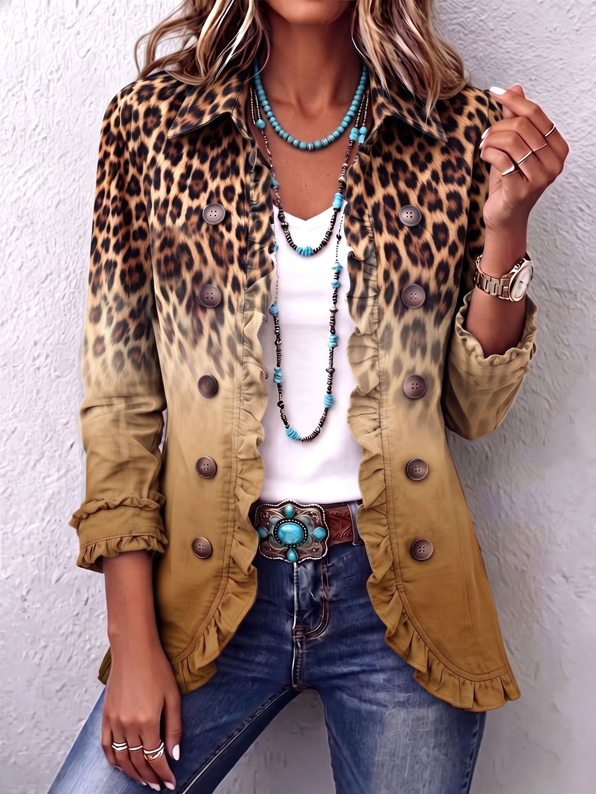 Elspeth | Giacca blazer con volant e fantasia leopardata sfumata